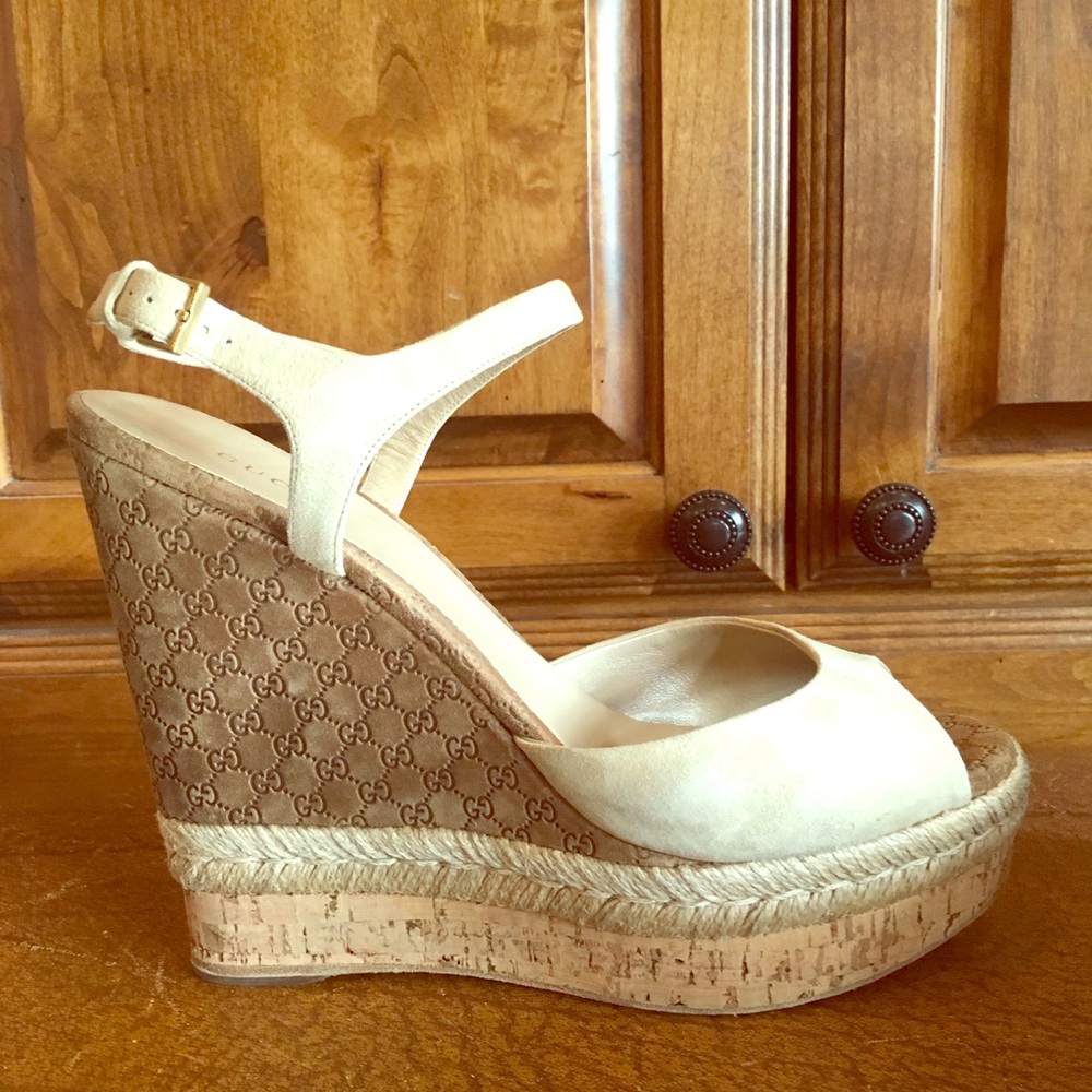 Gucci Suede/Cork Wedge Platform Heels